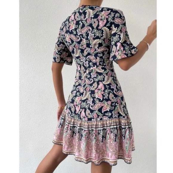Boho navy Floral Paisley Print Butterfly Sleeve Mini Dress - Picture 12 of 12